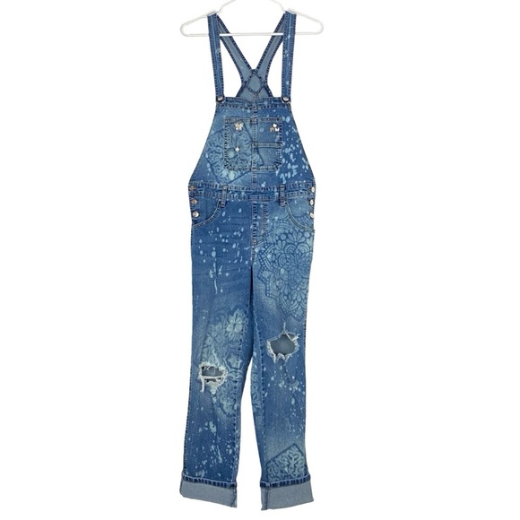 Upcycled Denim Overalls Jeans Womens Size Small Handmade Floral Blue Stretch - Picture 1 of 12
